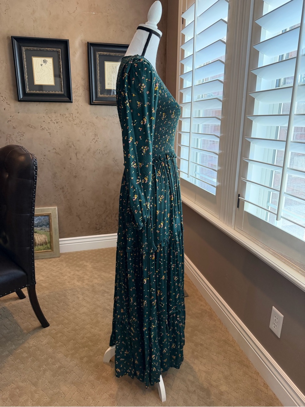 Easel Long Sleeve Tiered Maxi Dress Green with Floral Accents Size Small - Picture 14 of 17
